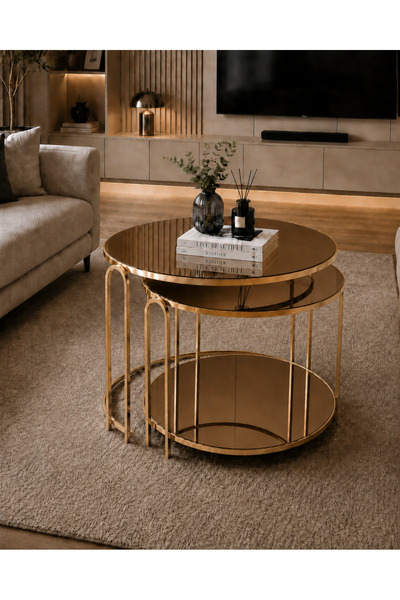 SEDAŞ LIVING UNITS 2 li Salon Yavrulu Katlı Orta Sehpa Bronz AYNALI Ayna LENK...