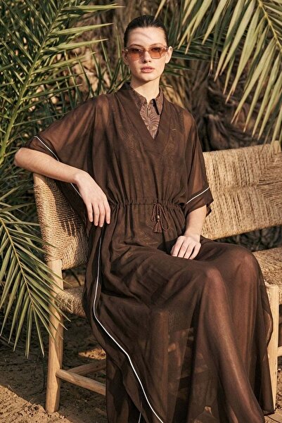 Haşema Tassel Detailed White Piping Brown Long Pareo 1003