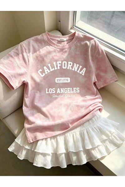 Touz Moda Pink California Printed Washable Vintage Unisex Oversize T-Shirt