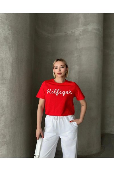 Noravelle Women's Text Printed Cotton T-Shirt - Red