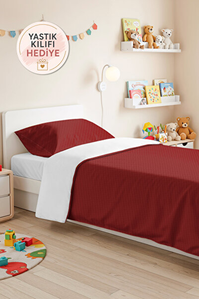 Evimde Bambaşka Burgundy Quilted Single Pique Set - Modern Solid Color Tile 1...