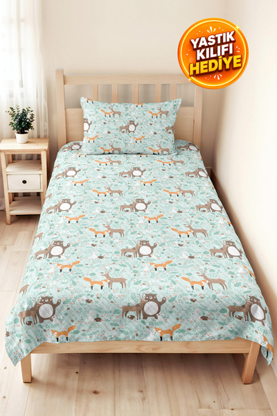 Evimde Bambaşka Forest Animals Mint Children's Room Single Pique Set-Pastel D...