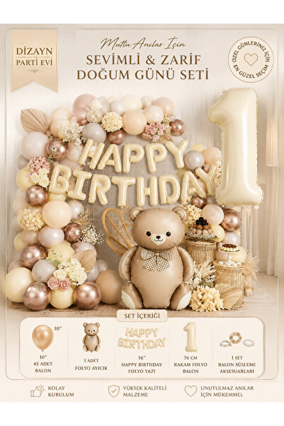 Dizayn Parti Evi Ayıcıklı Doğum Günü Süsleme Seti 1-9 Yaş Krem Happy Birthday...