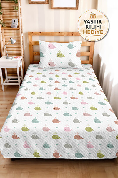 Evimde Bambaşka Pastel Whale Mint Children's Baby Pique Set - Sea Patterned P...