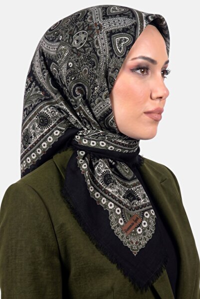 hadiora Women's Black Khaki Ethnic Patterned Flared Scarf
