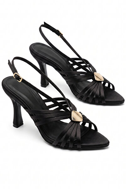 v.s.h velvet Taran Black Satin Open Toe Buckle Detailed Caged Women's Heeled ...