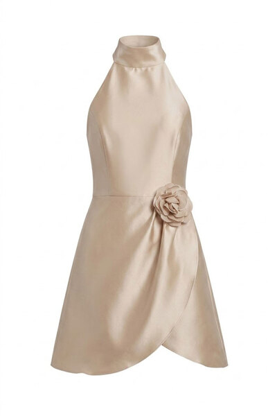 DANS ABİYE Halter Neckline Floral Detail Dane Evening Dress Camel