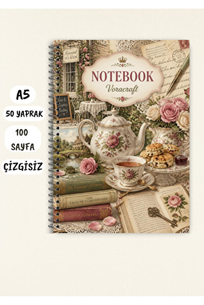 VORACRAFT Vintage Çay Partisi Temalı Not Defteri 50 Yaprak /100 Sayfa, A5 / T...