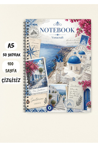 VORACRAFT Yunanistan Santorini Temalı Not Defteri 50 Yaprak /100 Sayfa, A5 / ...