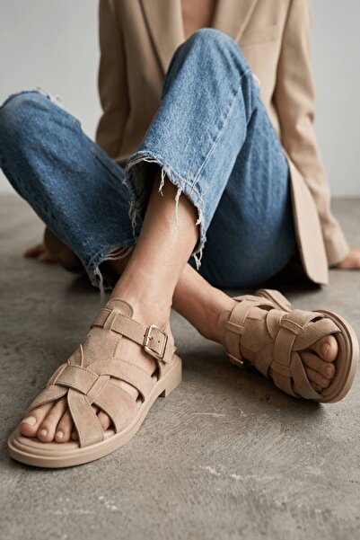DURUNUN BUTİĞİ Denis Women's Beige Suede Ankle Strap Buckle Casual Sandals