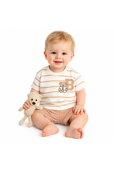 İrem Çocuk Giyim Baby Boy Teddy Bear Embroidered Letter B Line Patterned Beig...