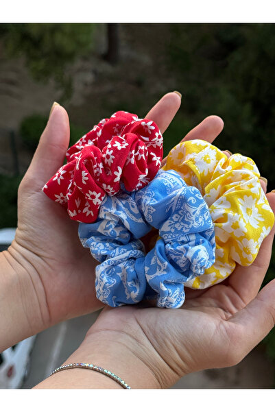 Noestudio 3'lü Scrunchie donut Saç Tokası Seti Desenli Kumaş Lastik Toka Bohe...