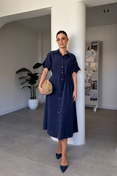 MAGARDE Embroidered Dress with Stone-Encorded Sleeves - Navy Blue