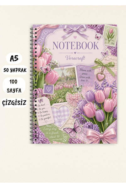 VORACRAFT Mor Lale Temalı Not Defteri 50 Yaprak /100 Sayfa, A5 / Tel Spiral C...
