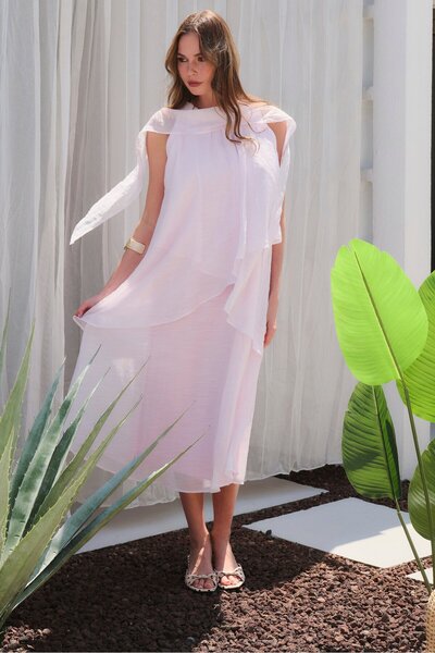 Suziş Pink Shawl Detail Flying Dress Per3446