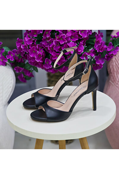 favorimo Women's Black Leather Single Strap Thin High Heel Shoes Sandals