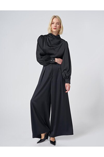 Kayra Pleated Satin Pants Black