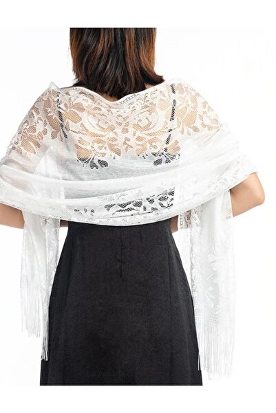 OEM Esarfa / sal cu broderie, model floral, 185 x 63 cm, culoare alba