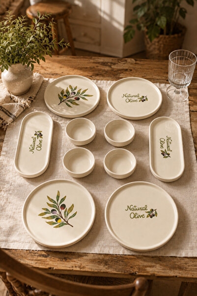 Papart Oliva 10 Parça 4 Kişilik Seramik Kahvaltı Takımı Zeytin Desenli Kayık ...