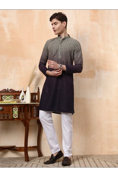 Devoiler Mens Dual Tone Thread Work Viscose Rayon Kurta Set