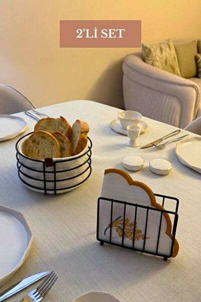Edora Home مجموعة من 2 حامل مناديل أسود على شكل قفص، سلة خبز مستديرة، طقم مطبخ