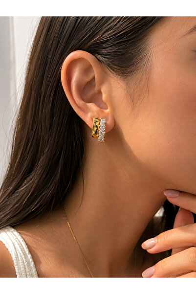ANKA JEWELLRY أقراط نسائية من الفولاذ بتصميم مزدوج الصفوف مرصعة بحجر الزركون