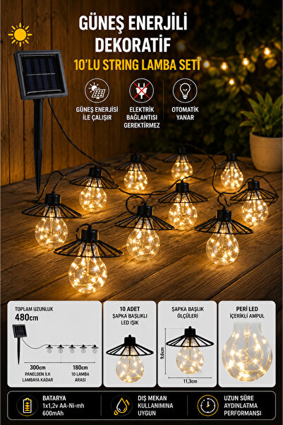 Binbirreyon Şapkalı 10 Adet Sıralı Güneş Enerjili Solar Aydınlatma Peri Led A...