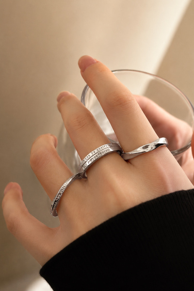TREND COLLECTİON 3-Piece Silver Women's Ring Set - Wavy Model Adjustable Ring