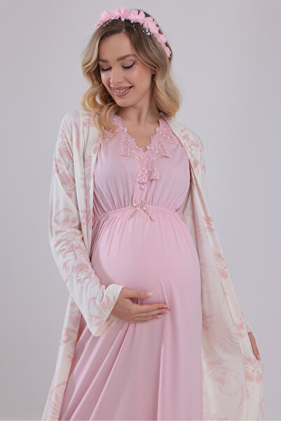 Yulem Homewear طقم ملابس نوم للحوامل من القطن بتصميم دانتيل من البودرة للموسم...