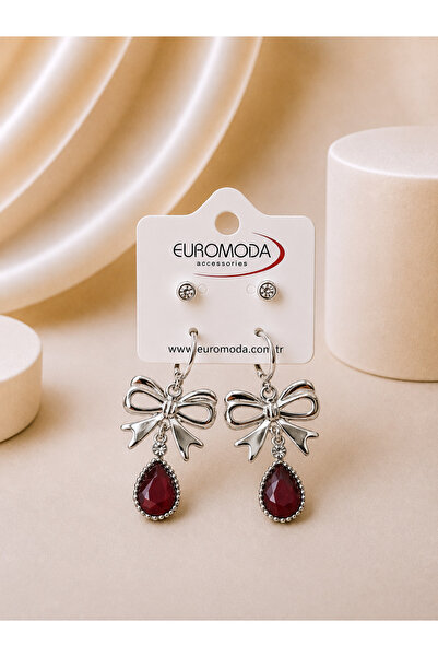 EUROMODA Fiyonk Damla Detaylı Küçük Bordo Kristal Taşlı 2'li Sallantılı Küpe ...