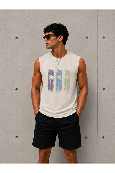 TREND EMMODA Men's Palm Tree Pattern Zero Sleeve Round Neck White Sports T-Sh...