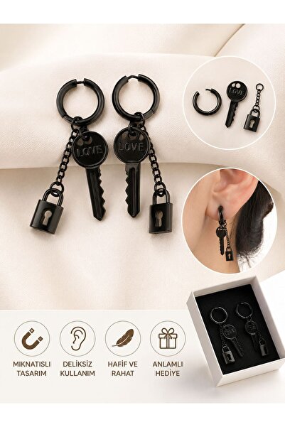 316 çelik Siyah Anahtar & Kilit Figürlü Mıknatıslı Küpe – Deliksiz Unisex Man...