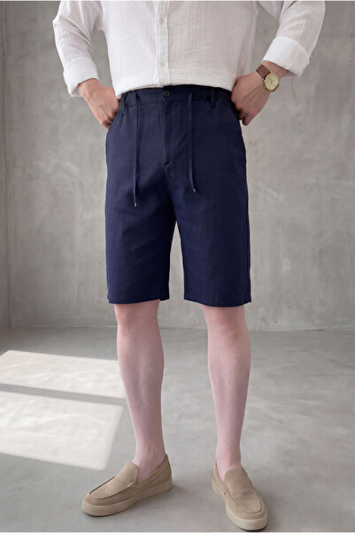 MENOFOURSWEAR Erkek Bel Bağcıklı Regular Fit Old Money Pamuklu Keten Dokuma Şort