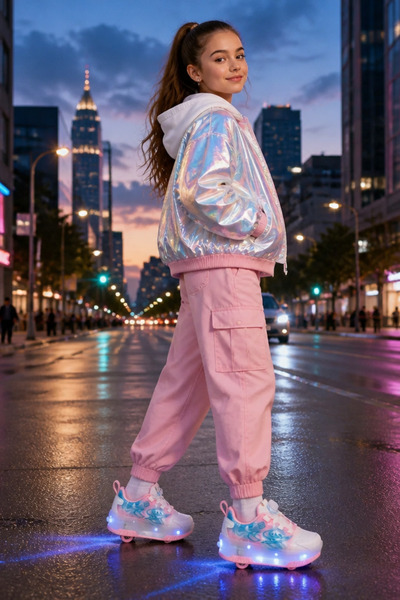 ByCukurovaFrango Işıklı Şarjlı Kız Çocuk 4 Tekerlekli Pembe Günlük Sneaker Fr...