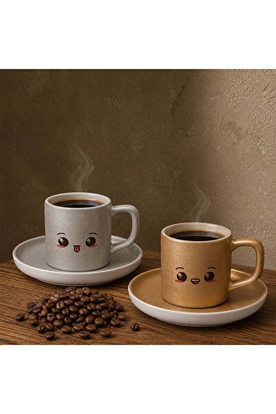 Bk Gift طقم من 2 فناجين قهوة تركية من السيراميك بتصميم وجه إيموجي باللونين ال...