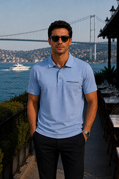 Maccali Men's Classic Blue Polo Collar T-Shirt with Buttoned Pockets