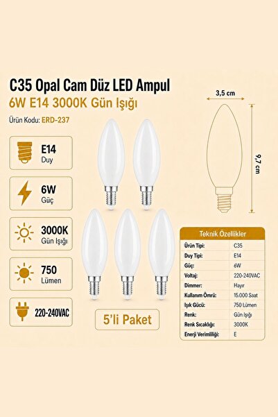 Heka C35 Opal Cam Düz LED Ampul 6W E14 3000K Gün Işığı ERD-237 5'li