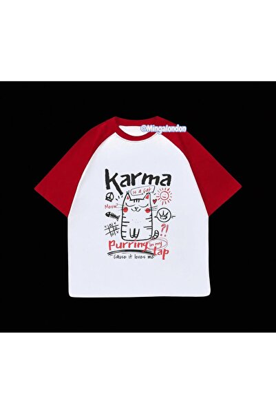 Minga London Karma Purring Lap Printed Red Raglan Sleeve T-Shirt