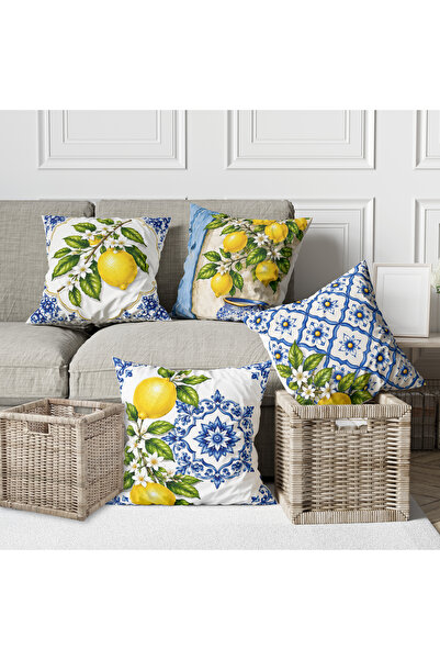 Alkan Homes 4-Piece Combination Tile Patterned Lemon Digital Printed Throw Pi...