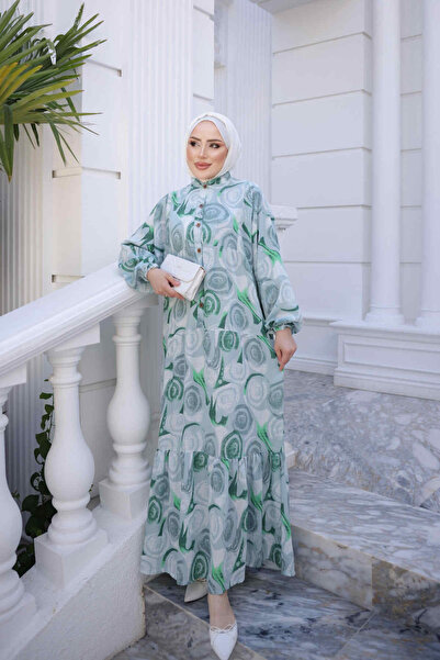 İmajButik Green Half Buttoned Sleeves Elastic Skirt Layered Viscose Dress
