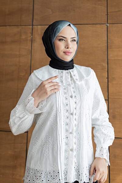 Nes Moda Kadın Taşlı İnci Detaylı Bebe Yaka Fistolu Tesettür Gömlek Tunik Bluz