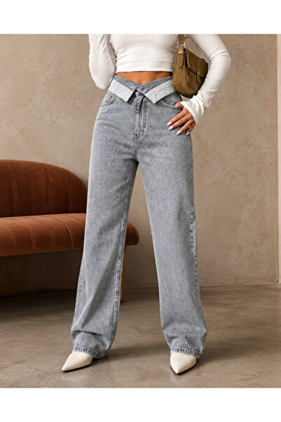 SHEVEGA Smoked High Waist Belt Detailed Wide Leg Palazzo Jean Denim Trousers