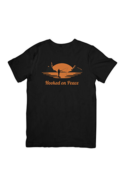 Hooked On Peace Fishing Club Unisex Premium Penye Balıkçı Tasarım Tişört
