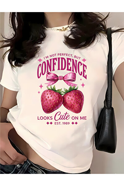 New Shine تي شيرت قطني كبير الحجم مطبوع عليه شعار Strawberry Confidence