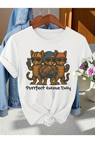 2mcup تي شيرت بلون وردي فاتح مع رسومات قطط لطيفة ونص "Perfect Game Day" قميص ...