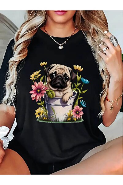 STITCHLY تي شيرت نسائي لطيف بتصميم كلب، بأكمام قصيرة وياقة دائرية، مناسب للصي...
