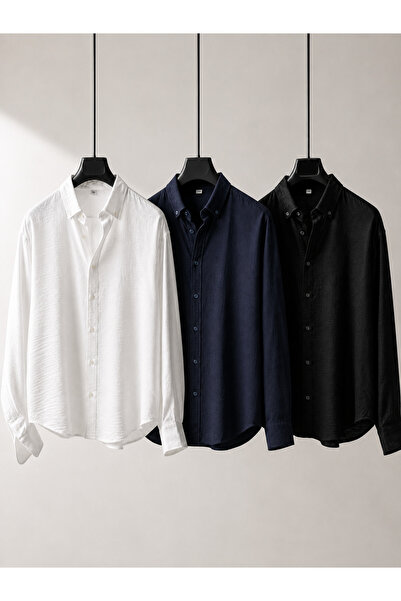 ixir 3-Pack Men's Button-Down Collar Linen Shirts Regular Fit Comfortable Cut...