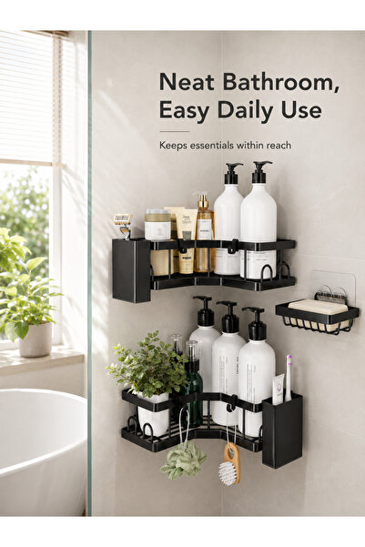 Yoawllty Black Rust Resistant 304 Steel Bathroom Corner Organizer, Adhesive M...