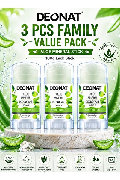 DEONAT Aloe Mineral Deodorant Stick 100g Pack of 3 Pure Crystal Alum with Alo...