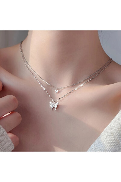 Choice YB4366-1 قلادة فراشة أنيقة فاخرة ذات طبقتين للنساء، تصميم راقٍ ودقيق